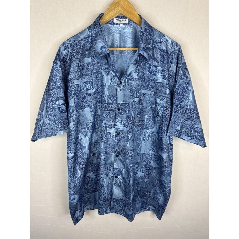 THAI SILK By‎ Apple - Made In Thailand Men's Mix Pattern Shirt Size 2XL Blue